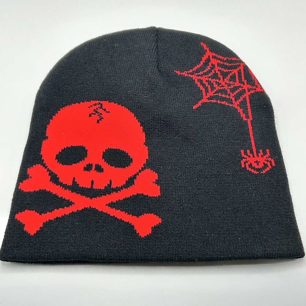 Halloween Skull Skeleton Spider Web Beanie Hat Cap Black Red Outdoors Winter